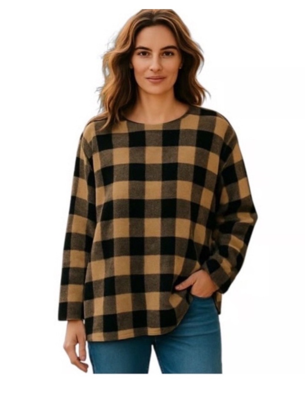 J.Jill 2X Buffalo Check Jacquard Knit Top Black Tan Plaid Plus Size